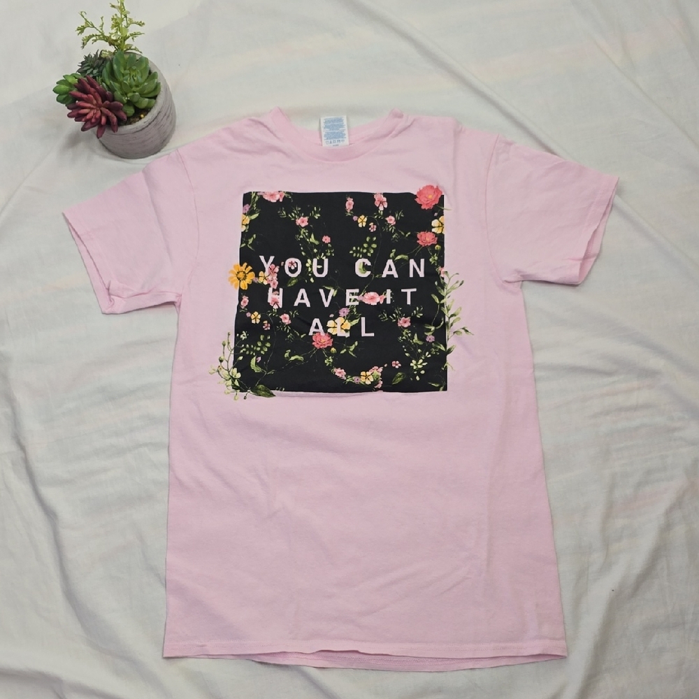 Pink Graphic T-Shirt with Floral Design Sz Sm